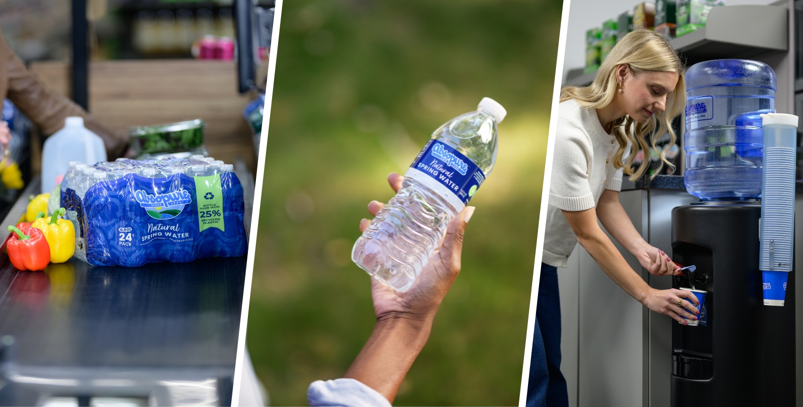 a case of Absopure water on a grocery conveyor belt, a hand holding a bottle of Absopure spring water, and a blonde woman grabbing a cup of water from an Absopure water cooler.